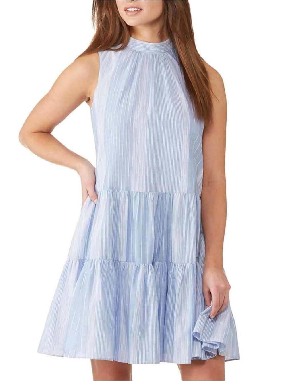 Calvin Klein Light Blue Sleeveless Tiered Mini Dress Lined, Back Tie Neckline